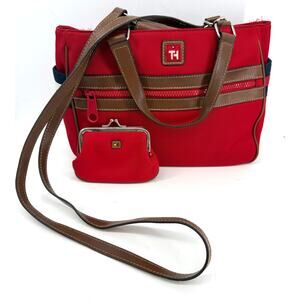 Tommy Hilfiger Red Shoulder Bag Purse Crossbody Brown Trim Coin Purse Vintage